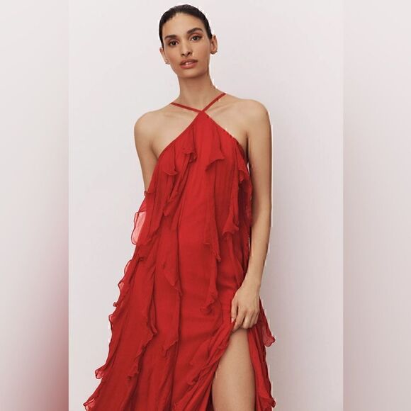 Anthropologie BHLDN Farrah High-Neck Ruffle Chiffon Maxi Dress  Medium New - Picture 3 of 7